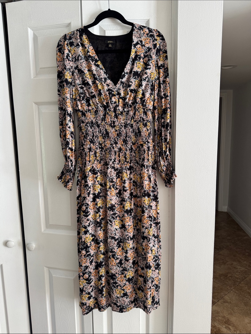 Afrm Black Floral Smocked Midi Dress with Yellow & Pink Flowers size s